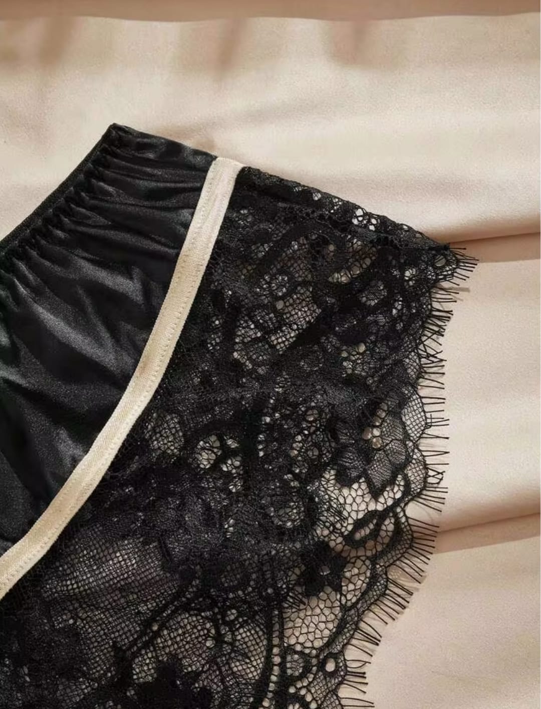 Women's Black Satin & Eyelash Floral Lace High-Waisted Lingerie Shorts / French Cut Briefs